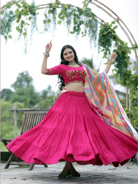 Rayon Navratri Ready to Wear Lehenga in Pink with Embroidery Work 