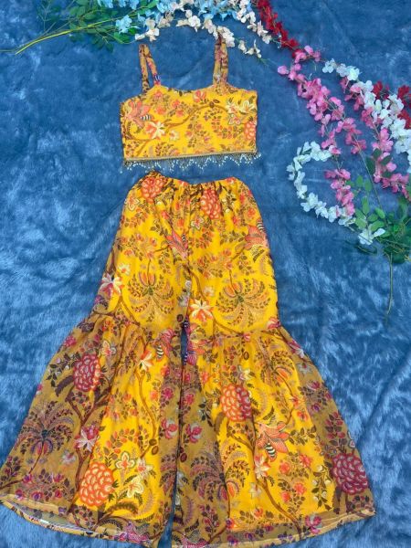 Ready To Wear Yellow Georgette Floral Printed Sharara Set  