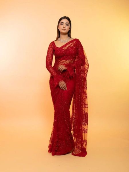 Red Color Faux Georgette Saree With Sequence   Embroidery Work  