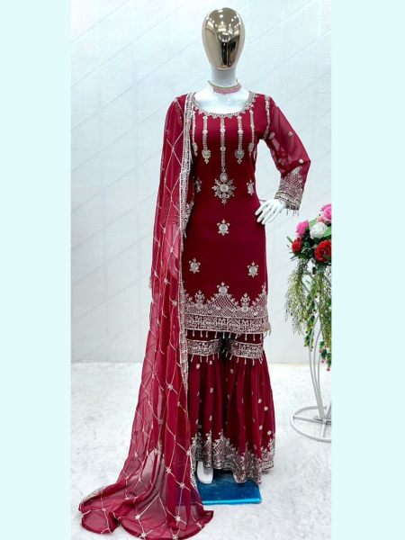 Red Color Fox Georgette Embroidery Work Sharara Suits 