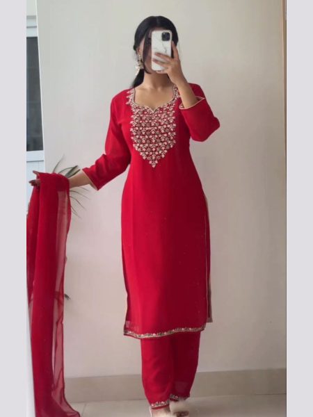 Red Color Fox Georgette Hand Work Kurti Pant With Dupatta  