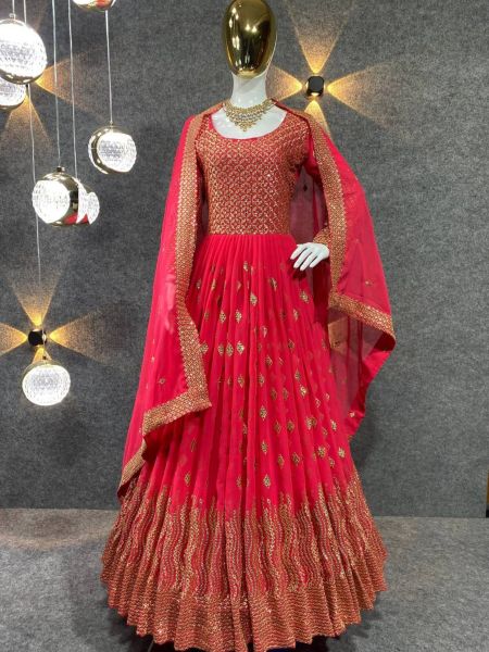 Red Color Fox Georgette With Embroidery Work Gown With Dupatta 