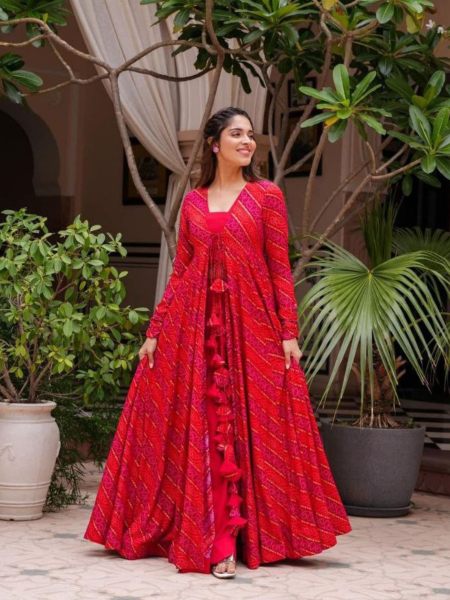  Red Color Georgette Fabric Plazzo Suit With Bandhani Print  