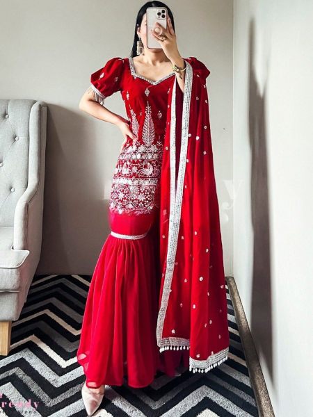 Red Color Georgette Indian Dress Sharara Suit  