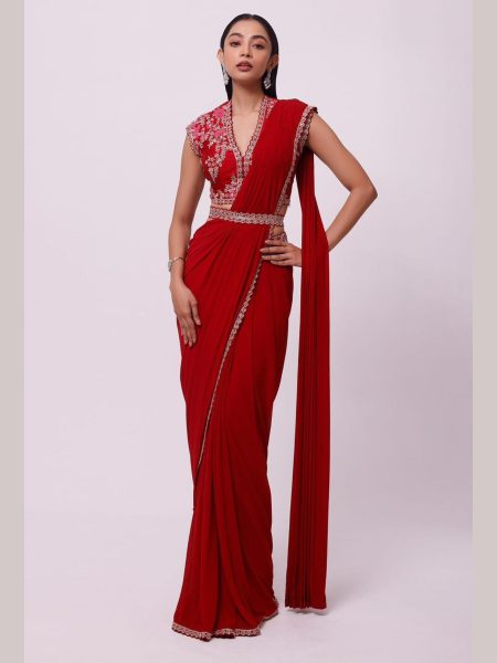 Red Color Georgette Saree With Embroidery Work  