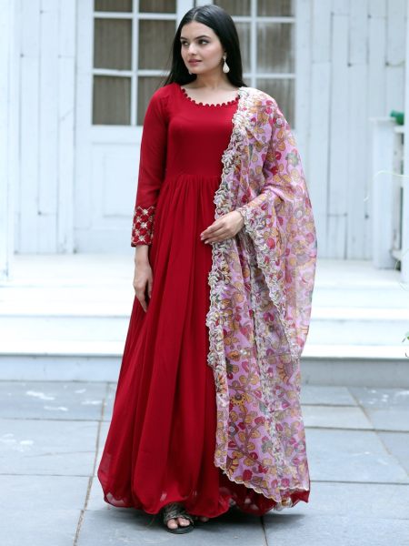 Red Colour Premium Plain Georgette Readymade Gown With Kalamkari Printed Dupatta  