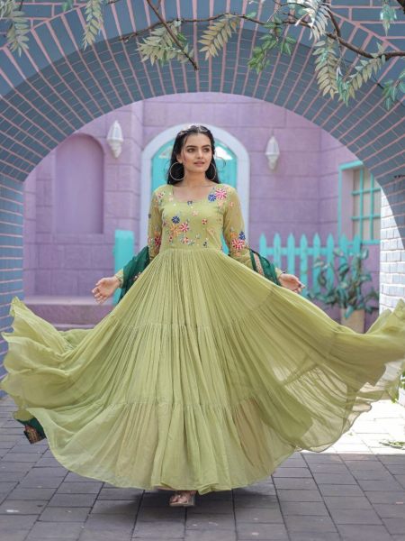 Round Neck Georgette Embroidered Gown With Dupatta  