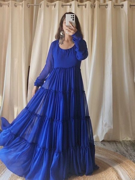 Royal Blue Georgette Round Nack Gown With Dupatta 