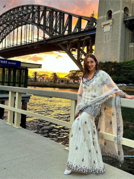 Sara Khan Wear White Color Bollywood Style Sharara with Embroidery 