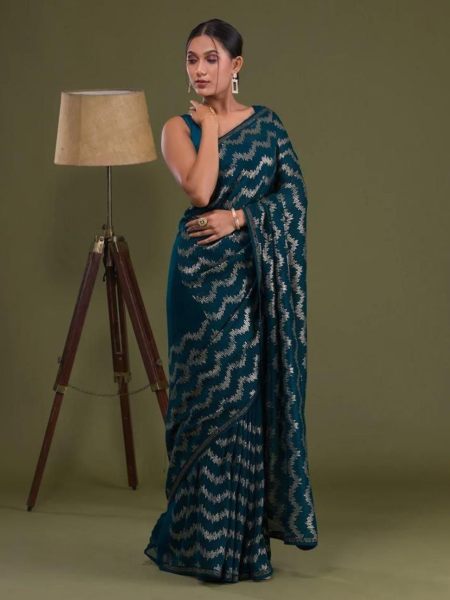 Sequence Heavy Georgette Saree With Embroidery Work  