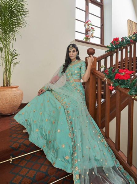 Sequins Embroidered Art Silk Wedding Wear Lehenga Choli In Sky Blue  