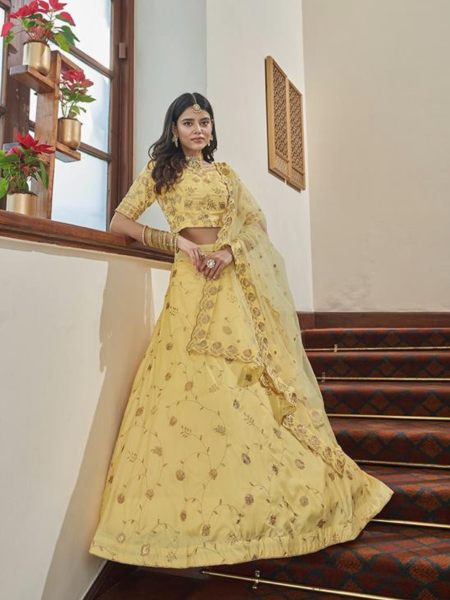 Sequins Embroidered Art Silk Wedding Wear Lehenga Choli In yellow  