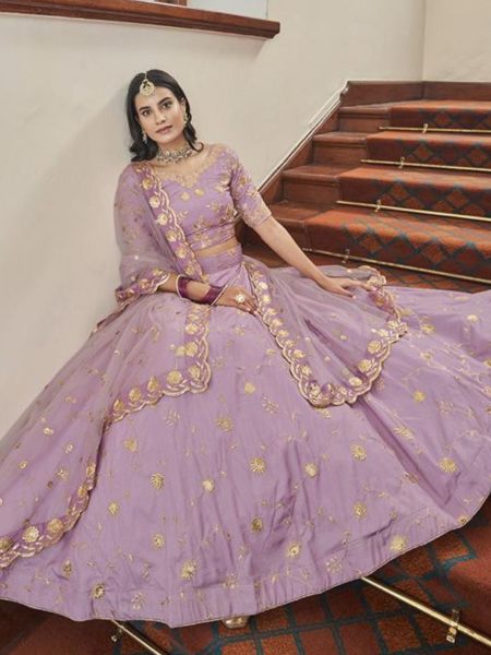 Sequins Embroidered Art Silk Wedding Wear Lehenga Choli In Lavender Colour  