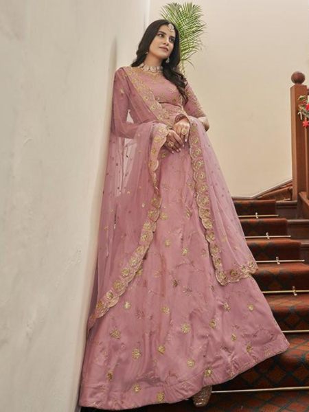 Sequins Embroidered Art Silk Wedding Wear Lehenga Choli In peach 