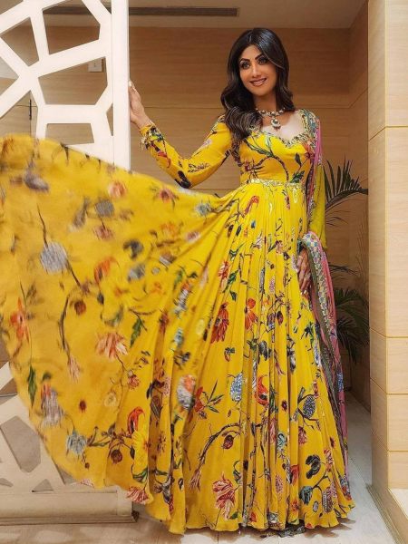 Shilpa Sheety Crepe Silk Printed Embroidery Work Gown Pant And Dupatta 