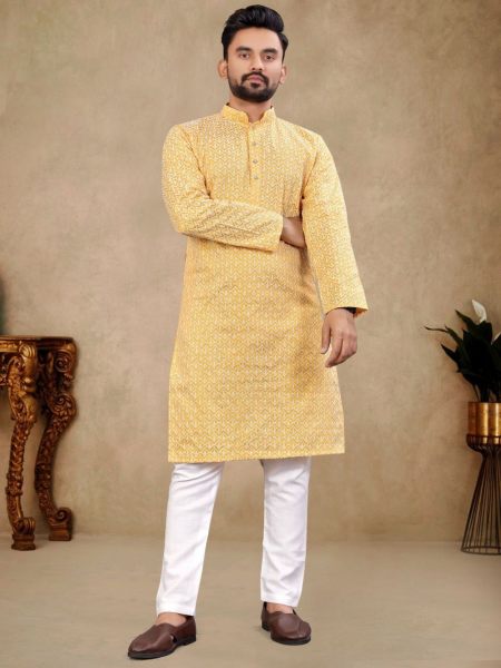 Silk With Lucknowi Work Kurta Pajama 