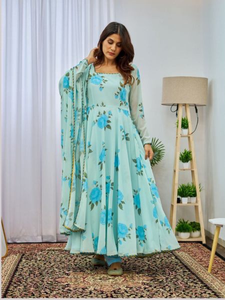 Sky Blue Pretty Floral Gown For Women Anarkali Kurtis 