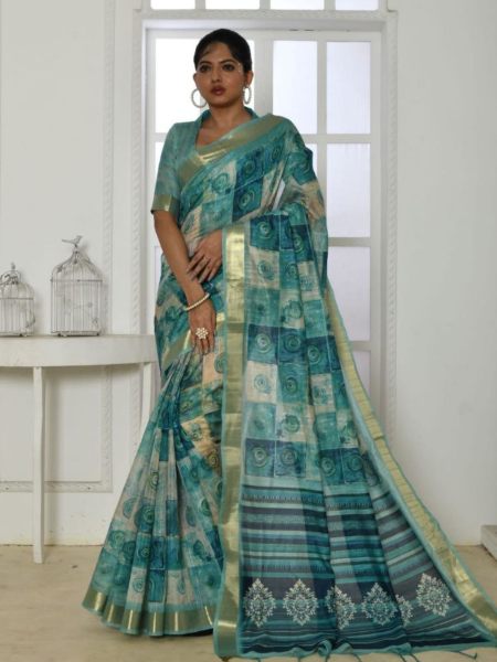 Smooth Tussar Silk Saree With All Over Extraordinary Print And Zari Border  