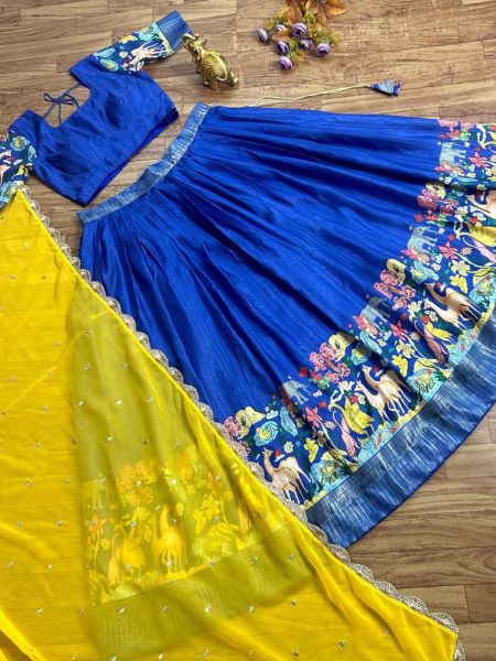 Soft Handloom Silk With Designer Kalamkari Printed-Work Lehenga Choli  Girls Wear