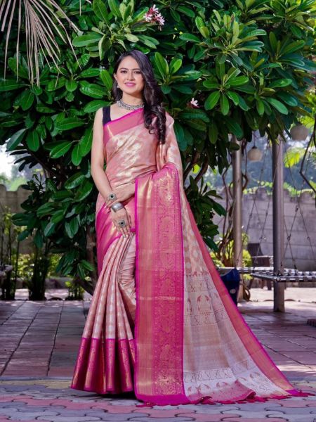 Soft Kanjivaram Silk Saree With Zari Weaving Motifs And Zari Weaving Border 