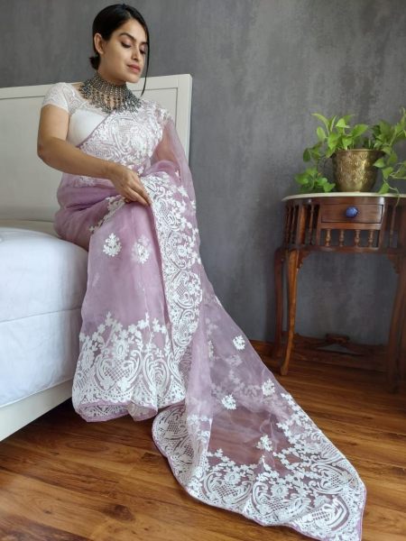 Soft Organza Saree With Embroidery Work 