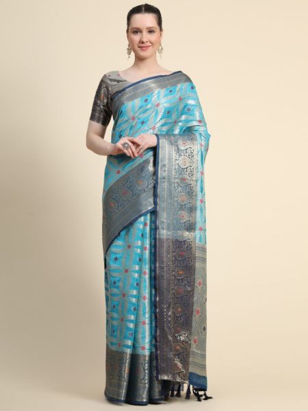 Soft Organza silk With Meenakari Weaving pallu  Saree 