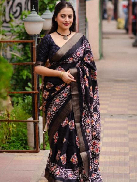 Soft silk slub woven saree with batik print deaign Saree 