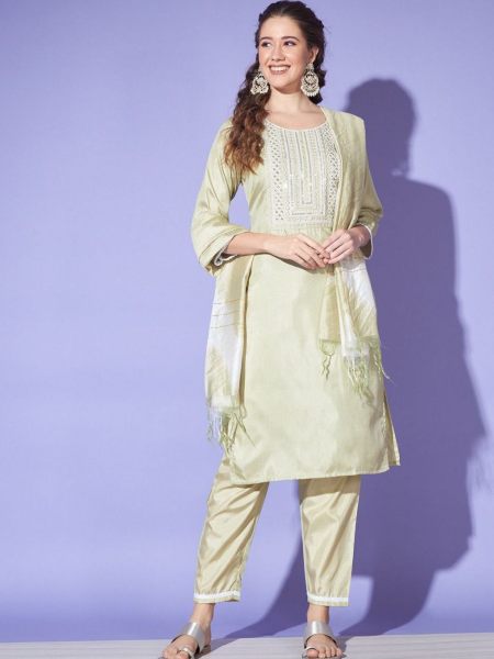 South Silk With Embroiderd Work Kurti Pant With Dupatta  