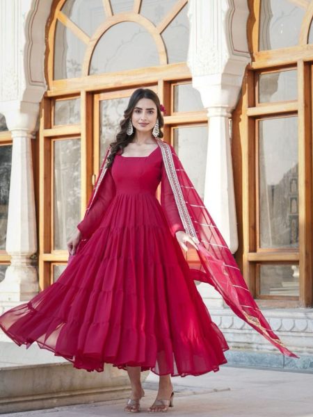 Square Neck With Attractive Back Pattern Georgette Gown With Dupatta  Kurti With Dupatta Wholesale