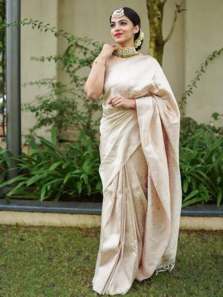 Stunning Silver Color Banarasi Soft Silk Saree  