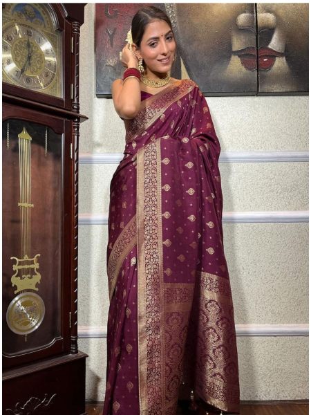 Stunning Wine Color  Banarasi Soft Silk Saree  