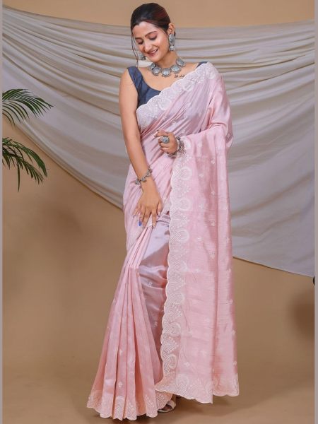 Superb Soft Silk Saree With Kantha Thread Work Border   
