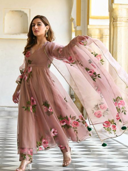 Tabby Organza Beautiful Flower Printed Gown With Dupatta  