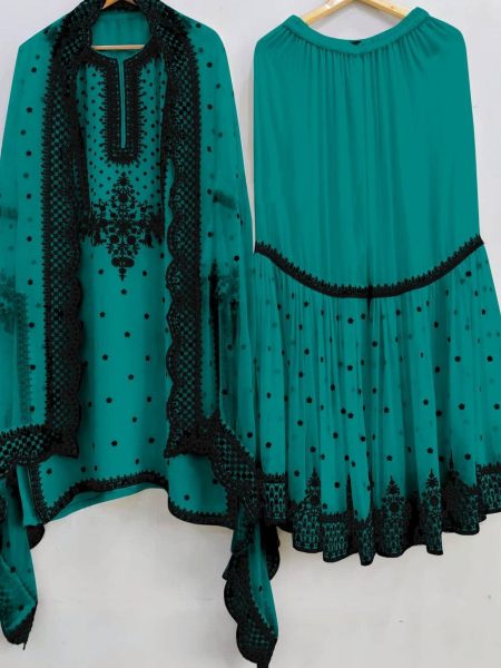 Teal Green Heavy Faux Georgette Sharara Suit  