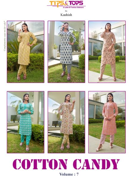 Tips And Tops Cotton Candy Vol 7 Cotton Printed Daily Wear Fancy Kurti Pant 6 Pc Full Set  