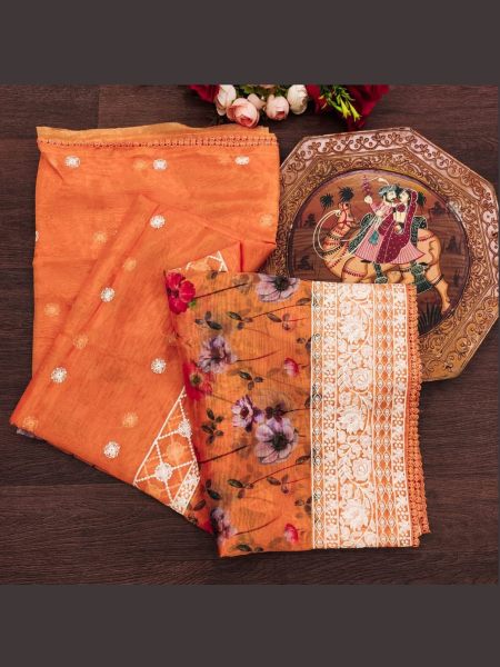 Traditional Organza Prited Embroidered Silk Saree   Organza Sarees Wholesale
