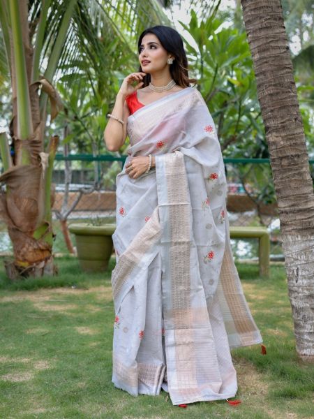 Tranding Original Linen Cotton With Zari   Embroidery All Over Saree 