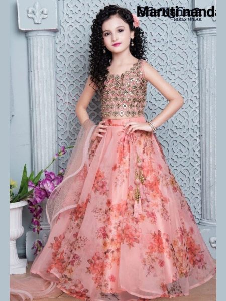 Trending Fancy Style Digital Print With Beautiful Embroidered   Work  Stitched Kids Lahenga -Blouse with Dupatta         