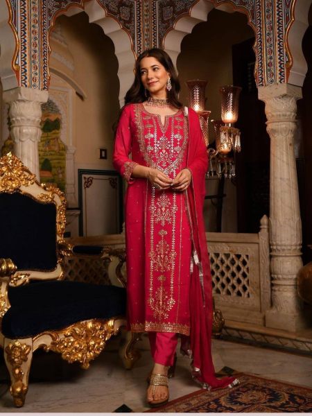 Trending Faux Georgette Embroidered With Real Foil Work Top  Pant And Dupatta 