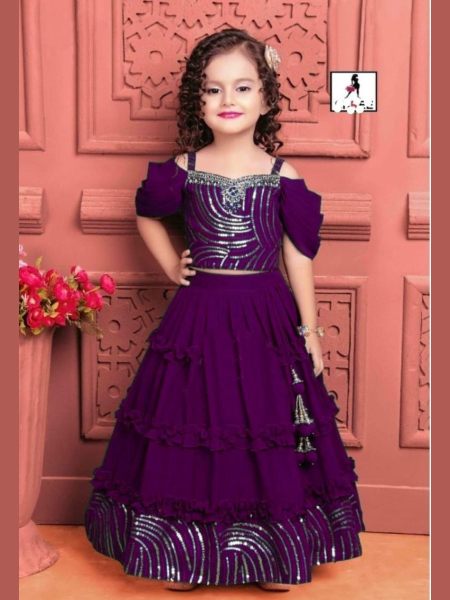Trending Sequins Embroidered with Beautiful Cut-Work  Stitched Lahenga -Blouse with Dupatta For  Baby Girl 