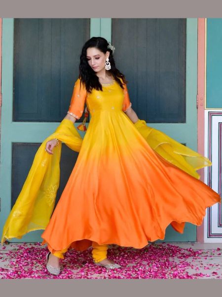 Two Shaded  Silk Gown With Organza Dupatta   
