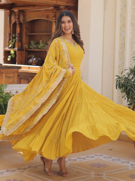 Unique Coloured Faux Georgette with Embroidered work Gown With Dupatta  Anarkali Kurtis 