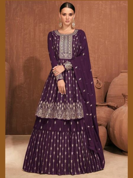 Wedding Purple Sharara Suit Set with Embroidered Design 
