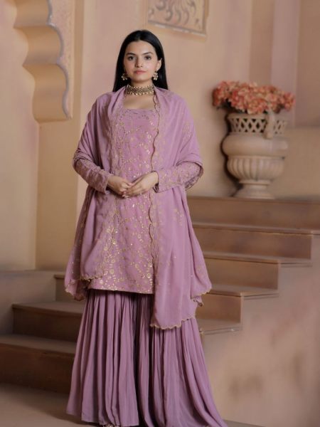 Wedding Wear Faux Georgette Sharara Suits With Embroidery Work  