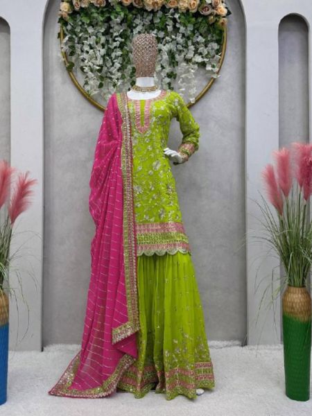 Wedding  Wear Faux Georgette Sharara Suit With Sequence Work  