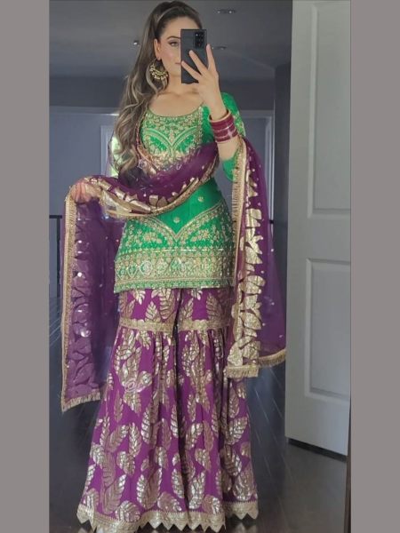 Wedding Wear Heavy Silk Sharara Set With Embroidery Work  