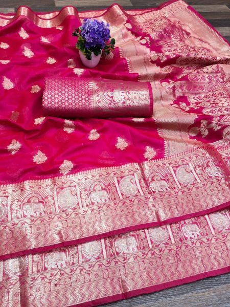 Wedding Wear Soft Organza Saree With Zari Weaving Pallu 