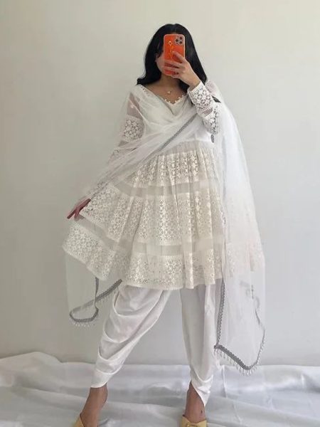 White Color Faux Georgette Dhoti Salwar Suits 