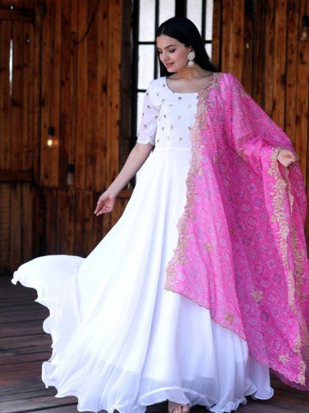 White Color Faux Georgette Gown With Bandhej Printed Dupatta  