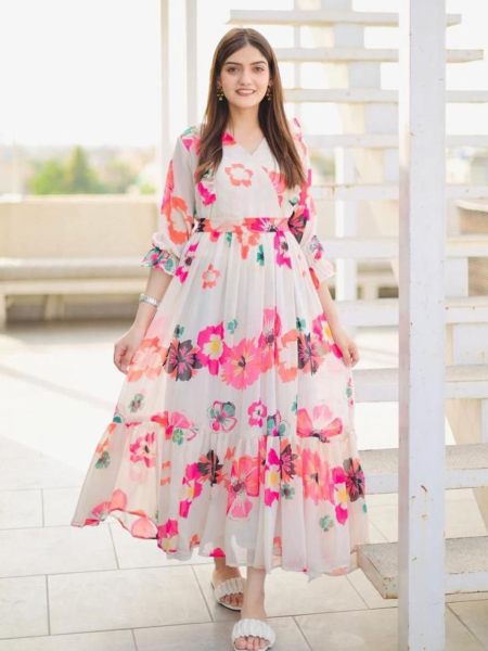 White Color Flower Printed Fox Georgette Gown With Ruffle Work  